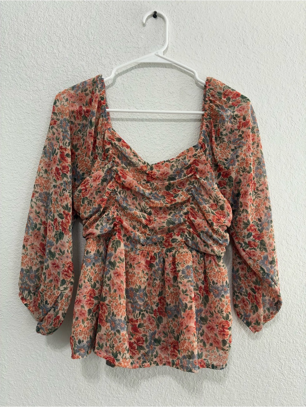 American Eagle Outfitters Peach Floral Ruched Peplum Blouse